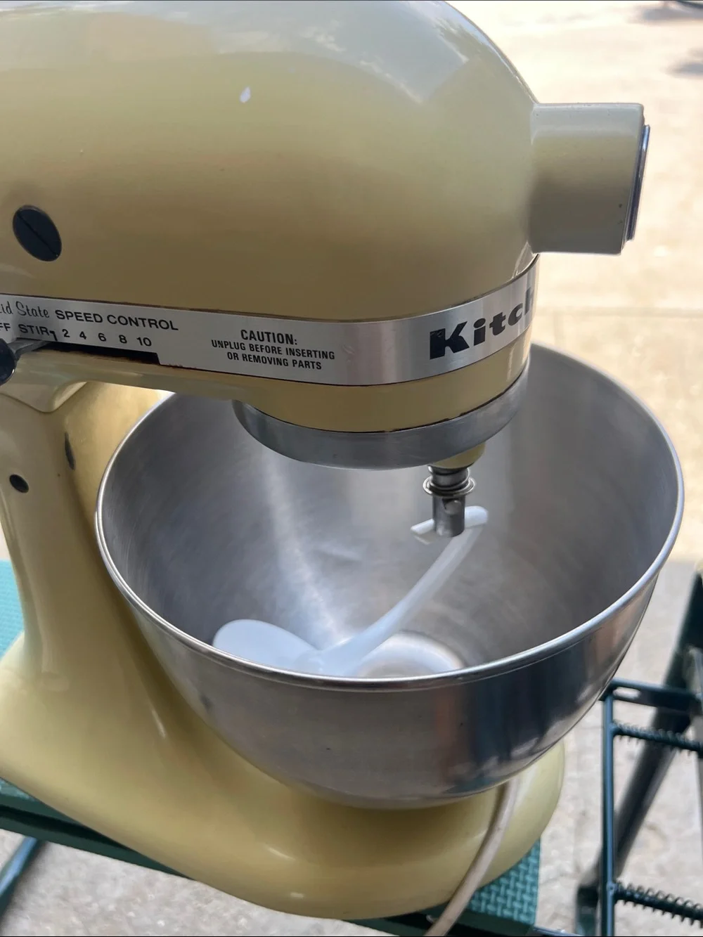Vintage KitchenAid Tilt-Head Stand Mixer in Pale Yellow with Stainless Bowl